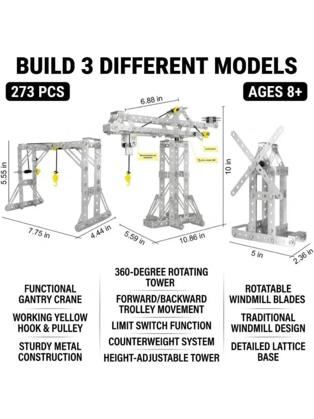273pcs Metal Building Toy Set - 3-in-1 Tower Crane, Windmill & Erector Kit for - Picture 3 of 9